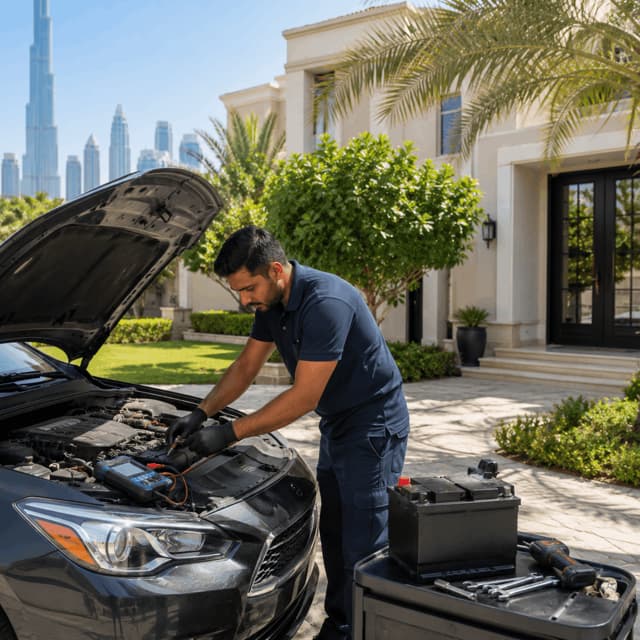Technician testing a car battery in a villa driveway in Dubai
