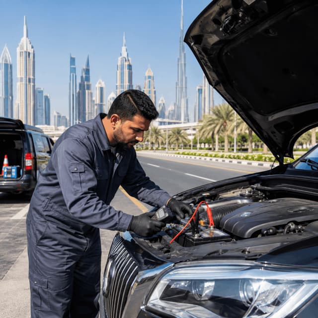 Technician boosting a car battery at the roadside in Dubai
